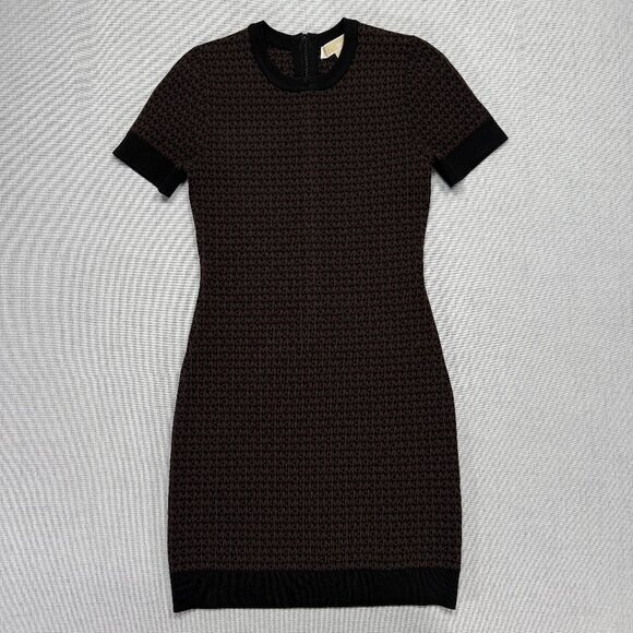 Michael Michael Kors Logo Knit Bodycon Dress Brown Black Short Sleeve Size S - Picture 1 of 11